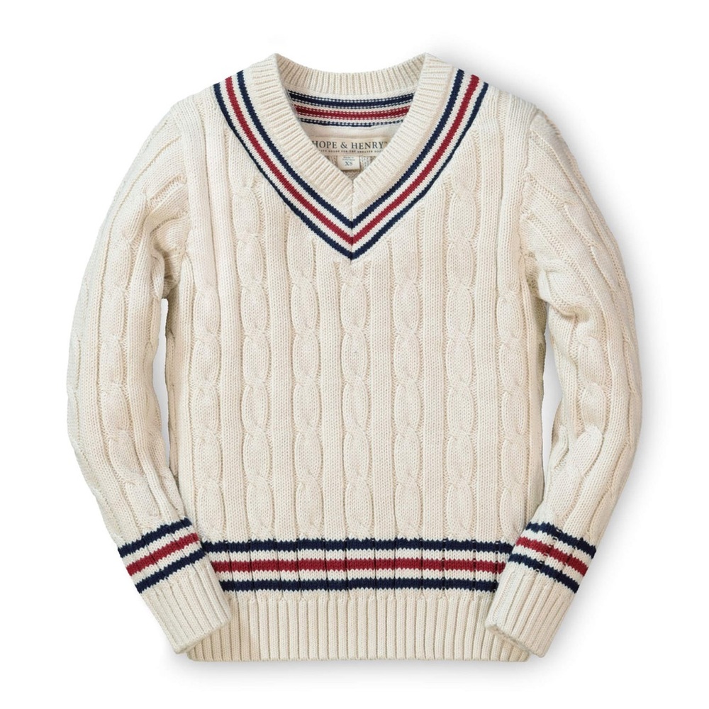 Hope & Henry Toddler Tennis Sweater Cable-knit Organic Cotton V-Neck Off-White